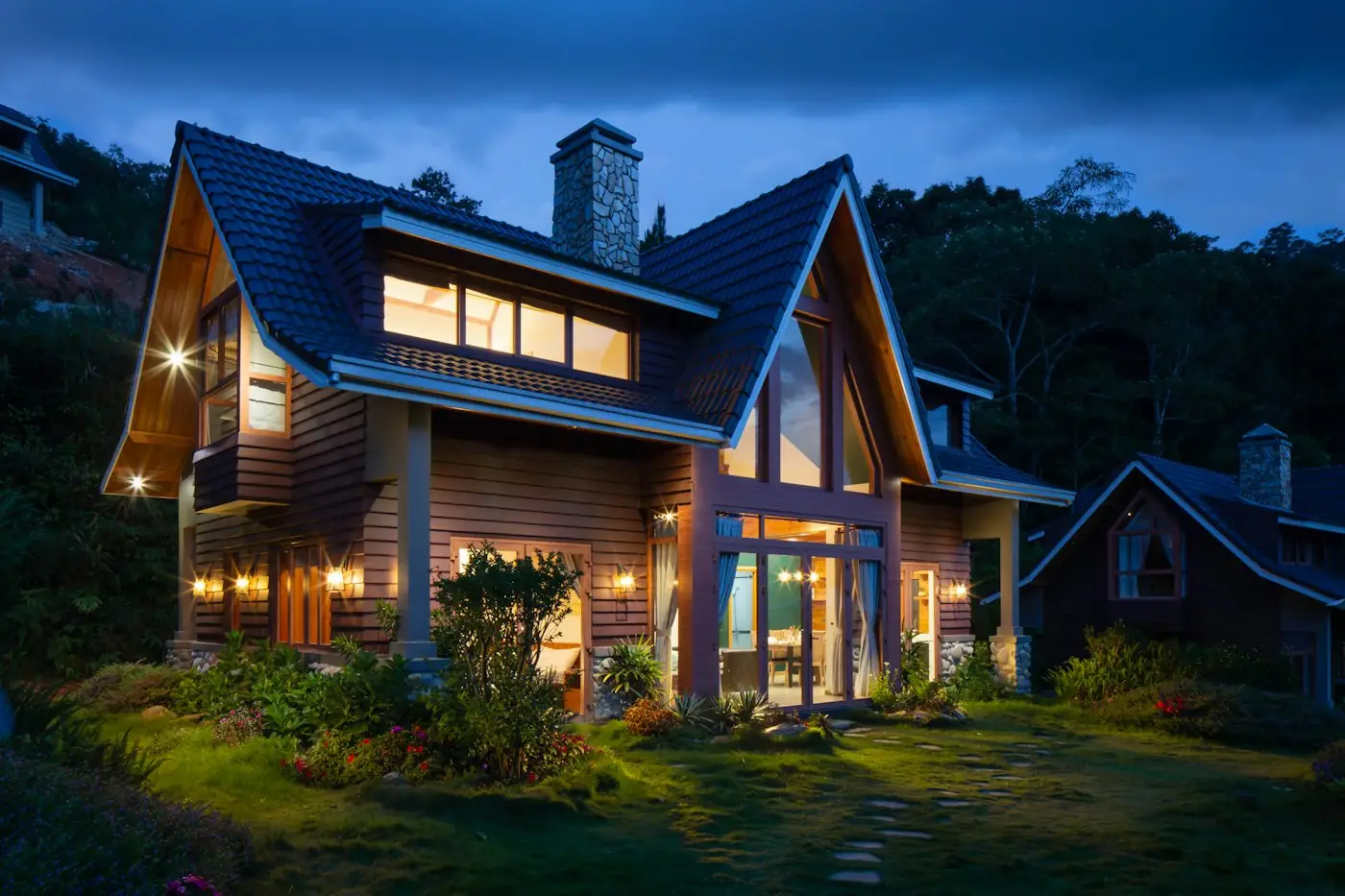 Home with a finished roof at dusk