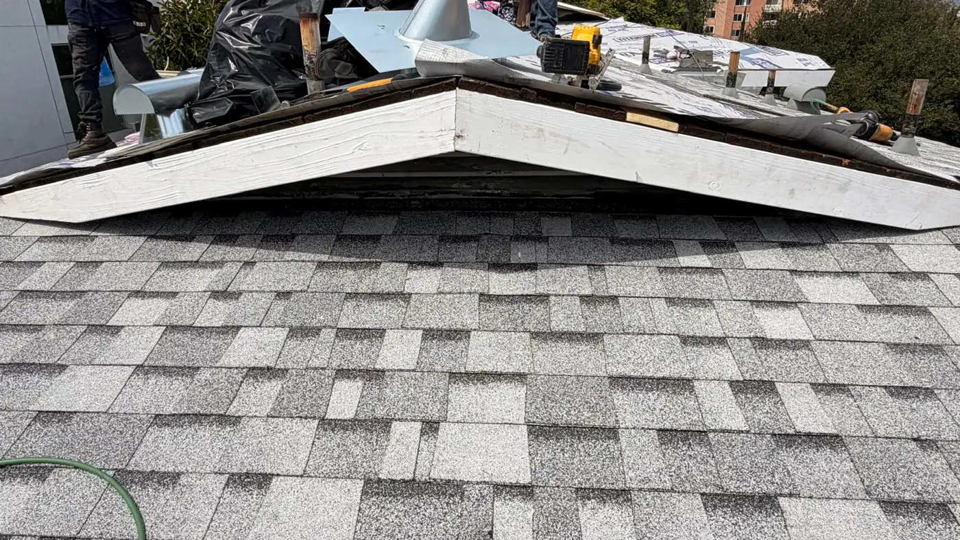 Gray Owens Corning Duration COOL shingles going on below a ridge on a Los Angeles apartment building