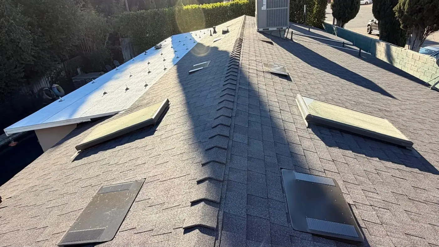 Midnight shingle ridge with skylights beside a white flat roof section in Encino