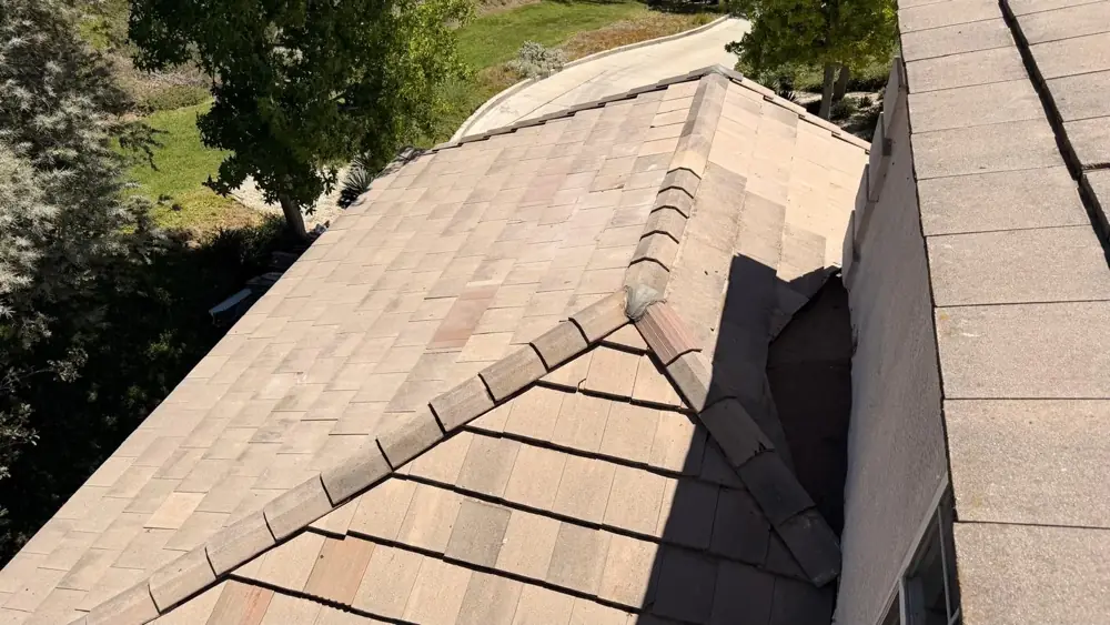 Hip ridge on the finished concrete tile roof in Agoura Hills